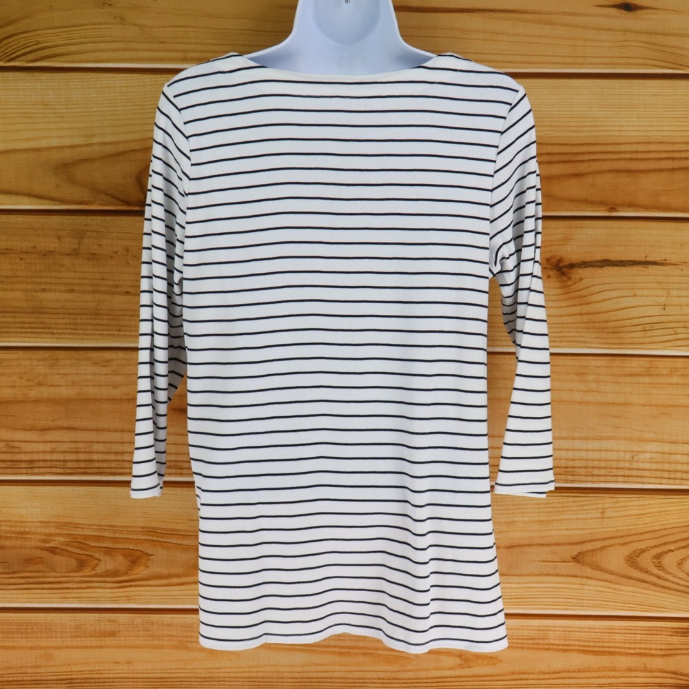 J. Jill 3/4 Sleeve V-Neck Shirt Womens S White Black Striped 100% Cotton Stretch - Picture 2 of 6
